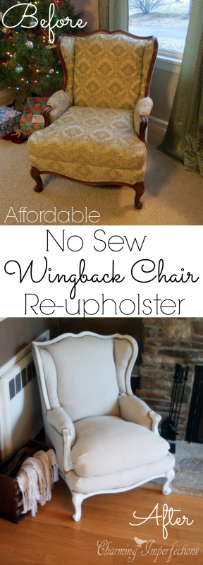 Super affordable, DIY, no sew wingback chair re-upholster. What a transformation!