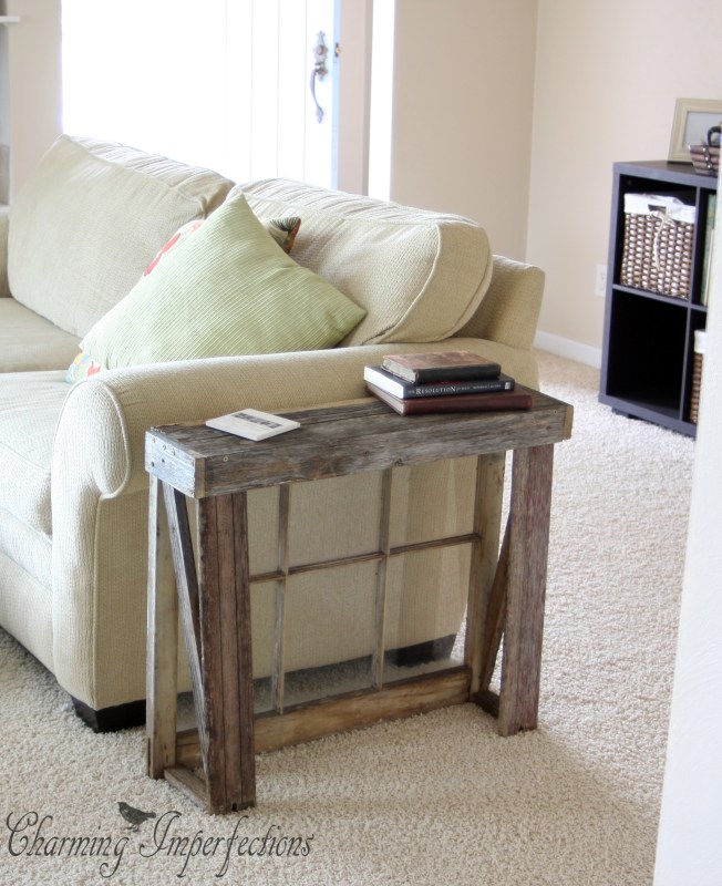 Build a narrow side table with an antique window and a couple of weathered old boards. Click on for a full tutorial!