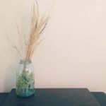 This is my favorite #frugal piece of fall decor this year. It's just a hydrangea bloom in a jar with grass cut from our backyard, but for some reason I'm struck by how pretty it is every time I see it. 
It's the simple things sometimes :)